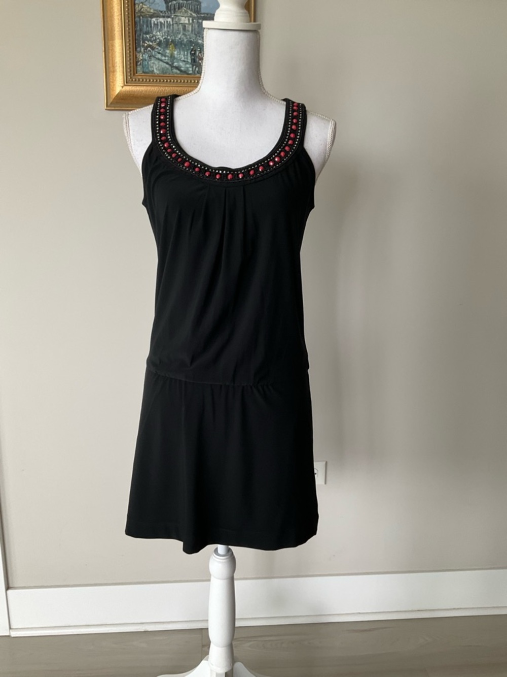 White House Black Market Black Sleeveless Beaded Neckline Dress
